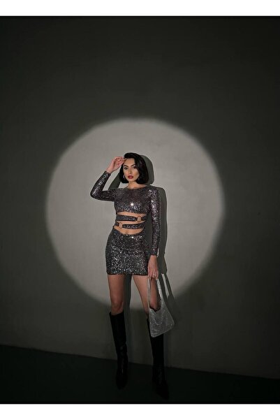 SUSEEMODA Pul Payet Mini Halka Dekolte Elbise Gümüş