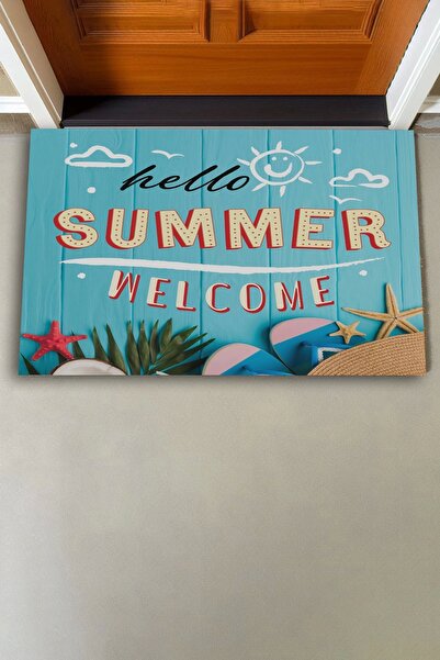 Valerine Life Hello Summer Hello Summer Blue Colored Welcome Welcome Door Mat 45X70Cm