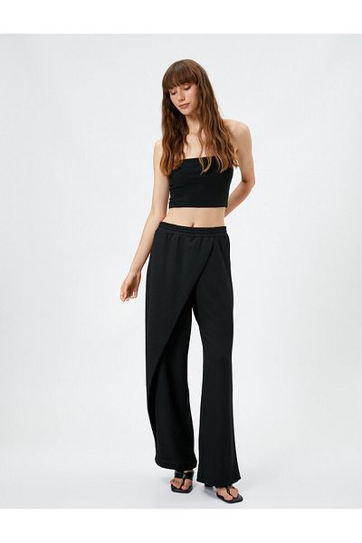Koton Wide Leg Trousers With Elastic Waist Asymmetrical Cut Textured