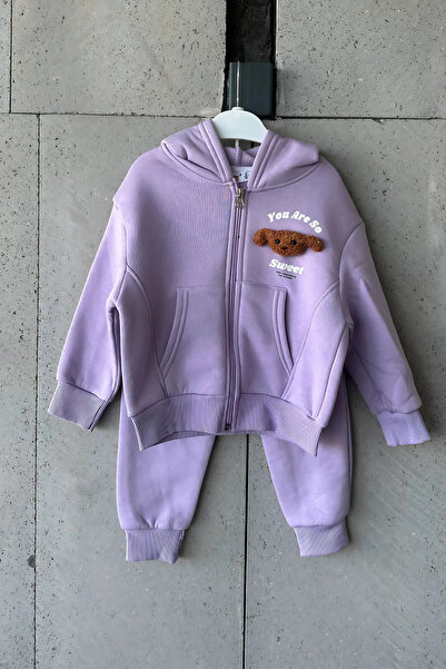 Mevsim Butik Holiday Lilac Teddy Bear Embroidered Girl's Tracksuit Set