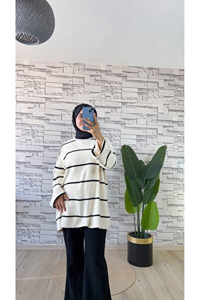 Çizgili Oversize Triko Kazak Kahve