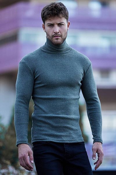 Buteks Premium Thick Khaki Raised Slim Fit Turtleneck Turtleneck Sweater