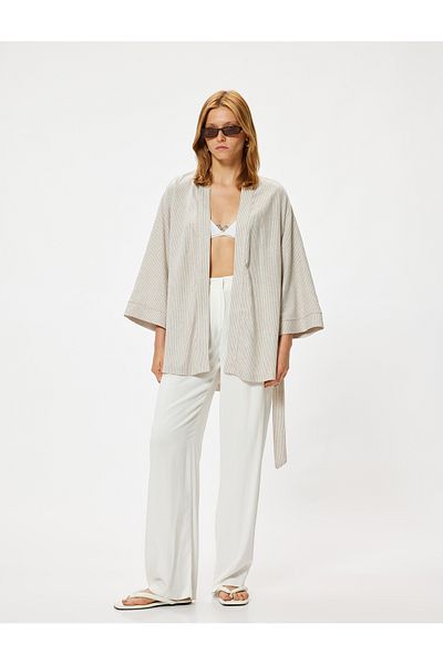 Koton Oversize Linen Kimono - Wide Long Sleeve and Belt Detail
