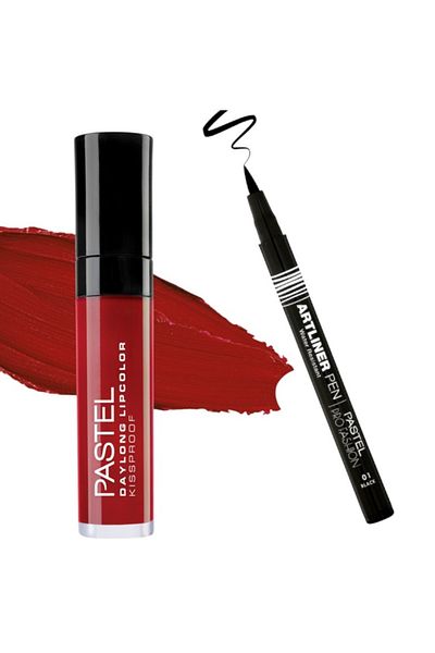 Pastel Daylong Lipcolor Kissproof - أحمر شفاه سائل غير لامع 09 + قلم Artliner باستيل - قلم Artliner 01 أسود