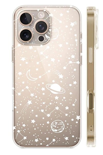 3GEN CASE İphone 16 Pro Max Uyumlu Beyaz Gezegenler Desenli Şeffaf Silikon Kı...