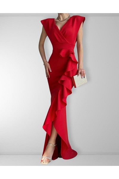 rengafashion Women's Crepe Fabric Collar Skirt Flounced Evening Dress (COLORFUL)
