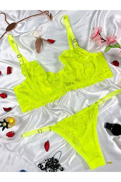 mendoza store Set sutien brodat verde neon cu modele florale