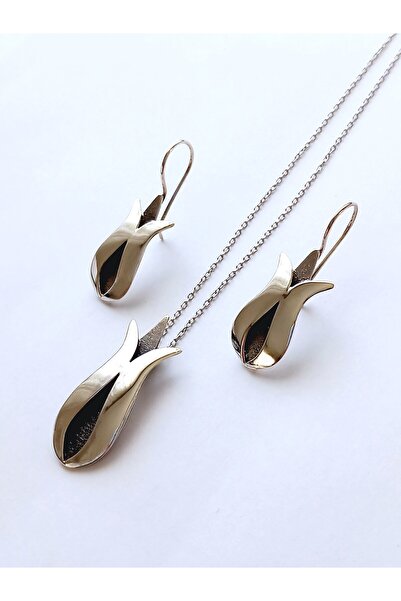 KESKİN GÜMÜŞ 18 Ayar Altın Kaplama Lale Otantik Tasarım Büyük Kadın Kolye Küp...