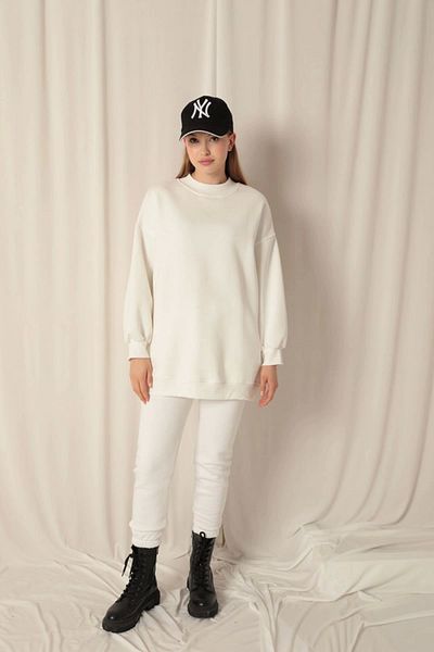 Lukas Three Yarn Stand Collar Long Basic Women's Ecru Sweat