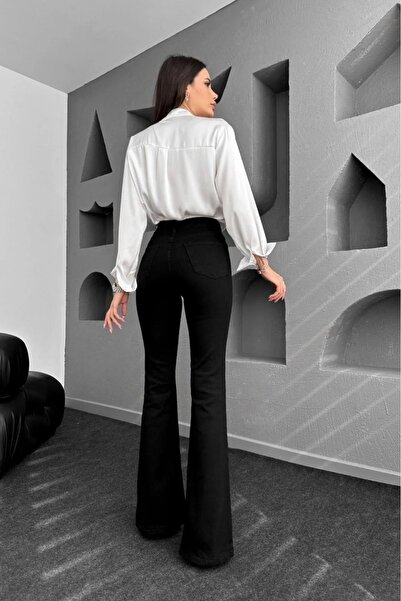 SANTA BELLA Mizia Siyah Süper yüksek Bel ispanyol Paça Jean Flare Kadın Toparlayıcı Likra Kot Pantolon