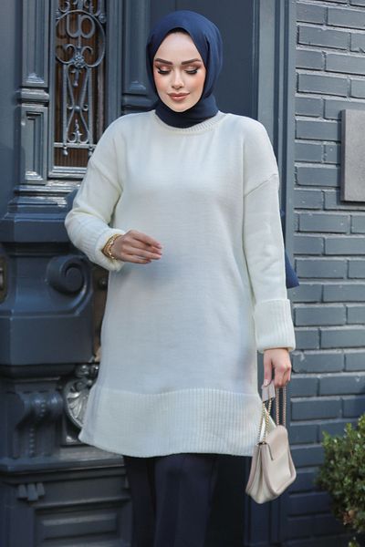 Neva Style Ecru Knitwear Tunic Sweater - Hijab 71501E
