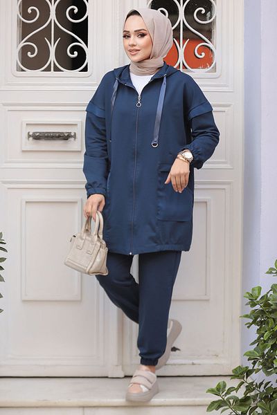 Neva Style طقم حجاب بغطاء للرأس باللون الأزرق الداكن - 20072L