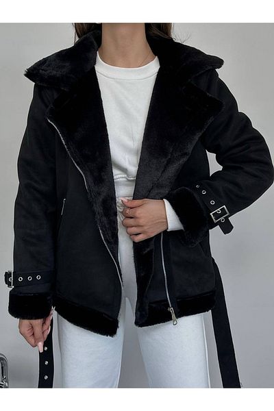 MODA DURAĞI Women's Black Plush Fur Detailed Quality Coat