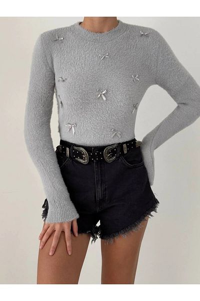 Nisantasimoda Women's Ribbon Detailed Yumos Gray Sweater