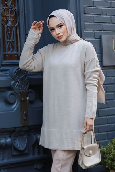 Neva Style Μπεζ Πλεκτό Πουλόβερ Τουνίκ - Hijab Design 71501BEJ