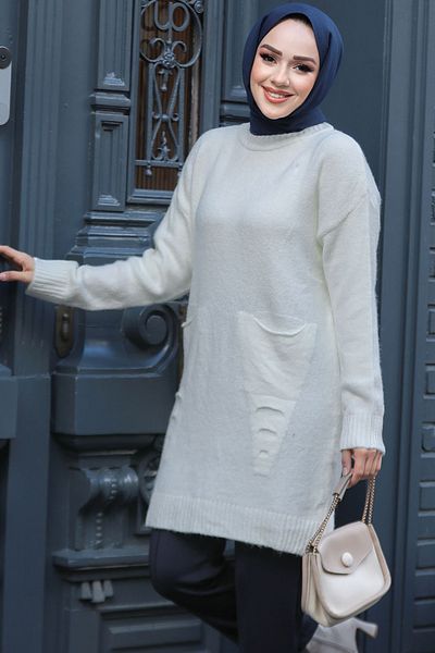 Neva Style Ecru Hijab Knitwear Tunik Πουλόβερ με τσέπες 20035E