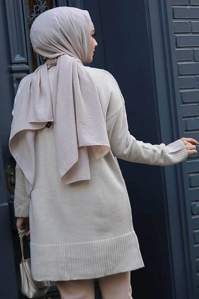 Neva Style Μπεζ Πλεκτό Πουλόβερ Τουνίκ - Hijab Design 71501BEJ