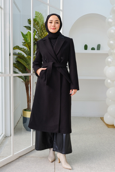 LOCCO Μαύρο παλτό με καστανό χρώμα - Λεπτομέρεια με κουμπιά και μέση, μεσαίου μήκους