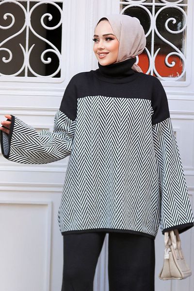 Neva Style Pulover tunică din tricotaje cu model Hijab negru - 71502S