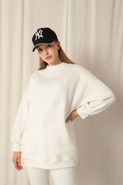 Lukas Three Yarn Stand Collar Long Basic Women's Ecru Sweat