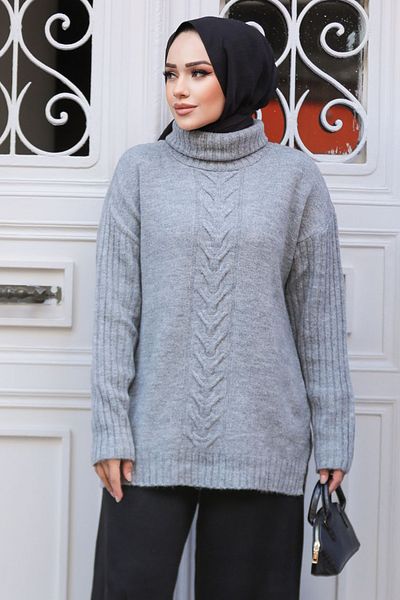 Neva Style Pulover tunică din tricotaj Hijab gri cu model 20441GR