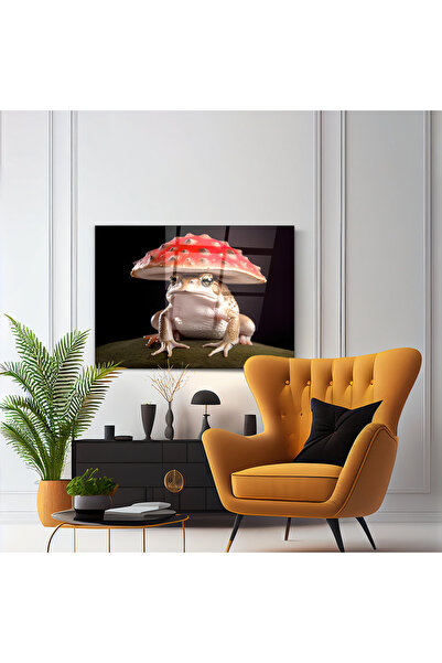 PoyKilArt Cam Tablo - Mantar Şapkalı Kurbağa - Duvar dekorasyonu - Ofis dekor...