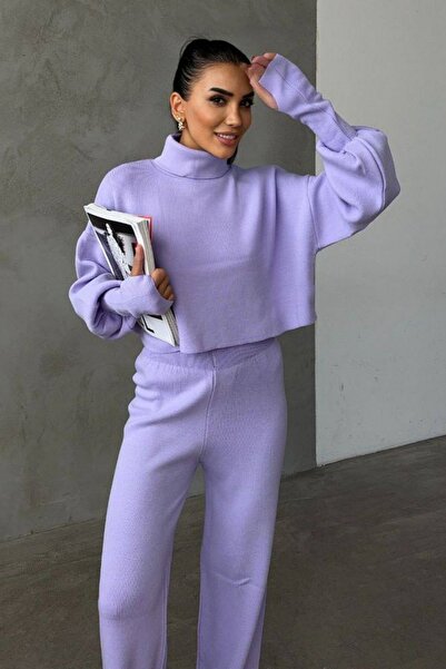 vuvutasarım Lilac Knitwear Set - Stretchy Turtleneck Sweater and High Waist Pants 015