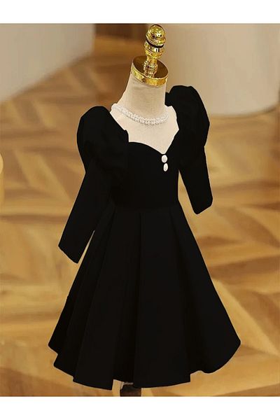 MUSGEM Special Design Black Long Sleeve Pearl Detailed Girl's Evening Dress