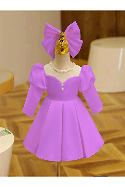 MUSGEM Özel Tasarım Lila Uzun Kol Inci Detaylı Kız Çocuk Abiye Elbise