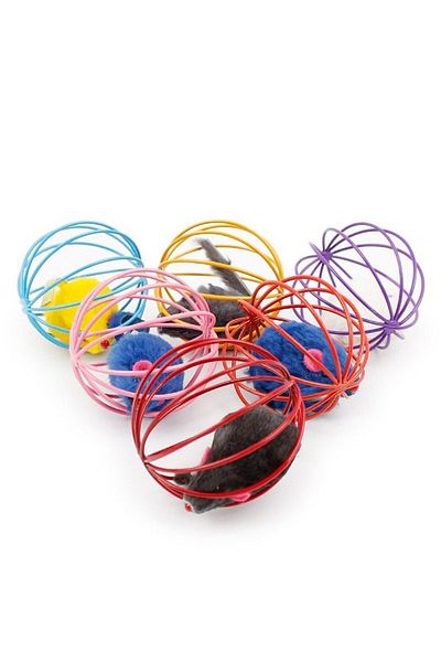 Drop Deposu Colorful Metal Caged Plush Cat Dog Toy with Mouse Play Ball 6 Cm (4172)