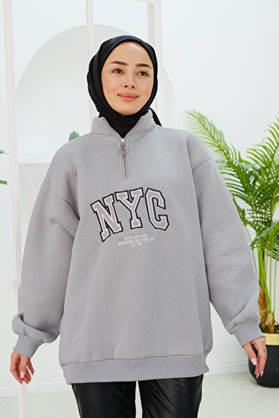 LOCCO Світло-сірий світшот з принтом NYC - на півзастібці для жінок