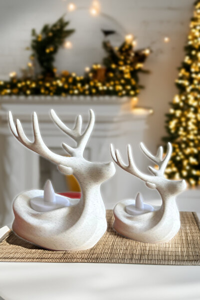 Obaco Dekoratif Işıklı Geyik Biblo Seti, 2li Süs Objesi, Tealight Led Mumlu