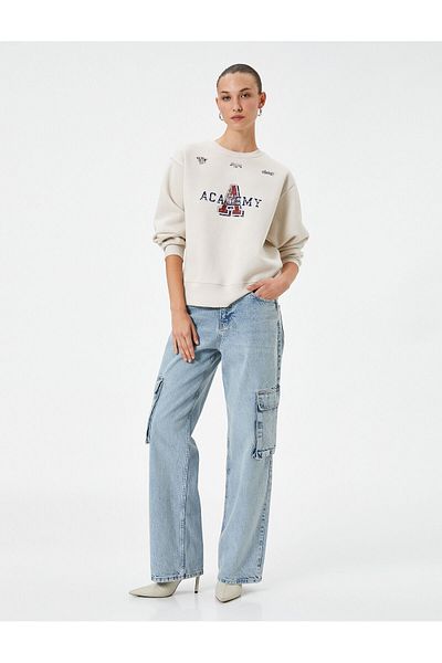 Koton College Sweatshirt Crew Neck Printed Ribbed