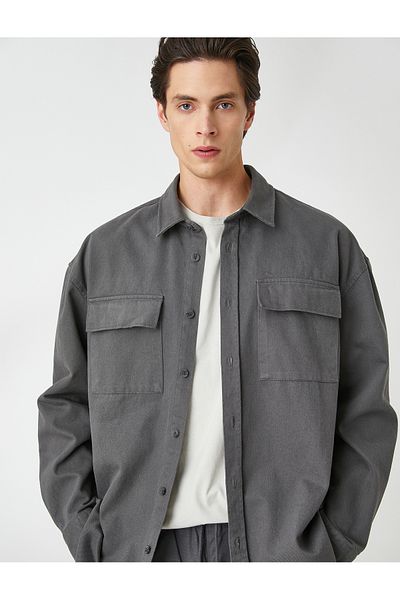 Koton Oversize Canvas Shirt Slogan Printed Cotton Classic Collar Pocket Detailed