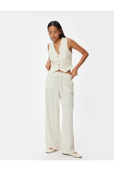 Koton Leinen-Mischung Hose mit weitem Bein gefüttert Tasche Taille elastisch gebunden