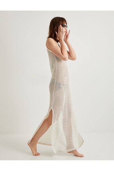 Koton Durchbrochenes, langes Häkel-Strandkleid mit Rundhalsausschnitt und Schlitzdetail
