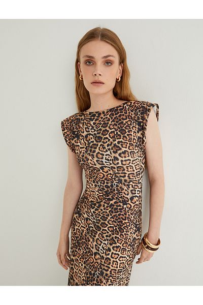 Koton Μακρύ Leopard Print Αμάνικο φόρεμα με λαιμόκοψη