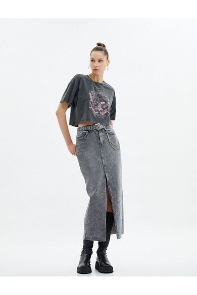 Koton High Waist Pocket and Belted Cotton Midi Denim Skirt - Slit Detail