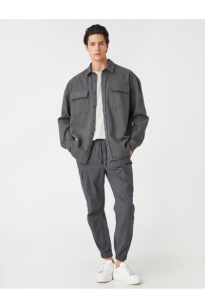 Koton Oversize Canvas Shirt Slogan Printed Cotton Classic Collar Pocket Detailed