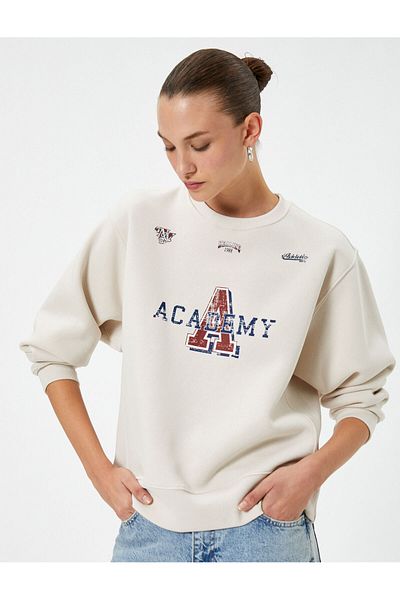 Koton College Sweatshirt Crew Neck Printed Ribbed