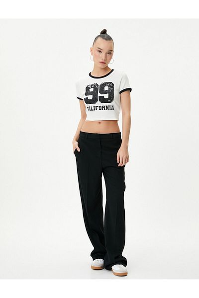 Koton Μπλουζάκι College Crop με στάμπα με κοντό μανίκι λαιμόκοψη βαμβακερή με ραβδώσεις