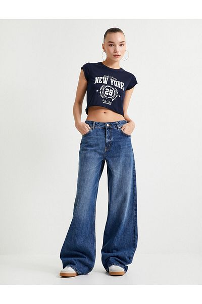 Koton Crop Printed T-Shirt Cap Sleeve Crew Neck Cotton