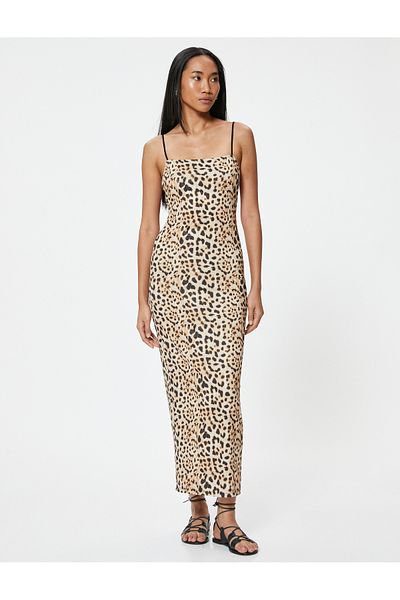 Koton Leopard Print Slim Fit Long Dress - Thin Straps and Low Cut