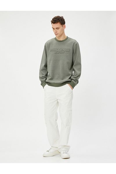 Koton Slogan Embroidered Sweater Crew Neck Textured