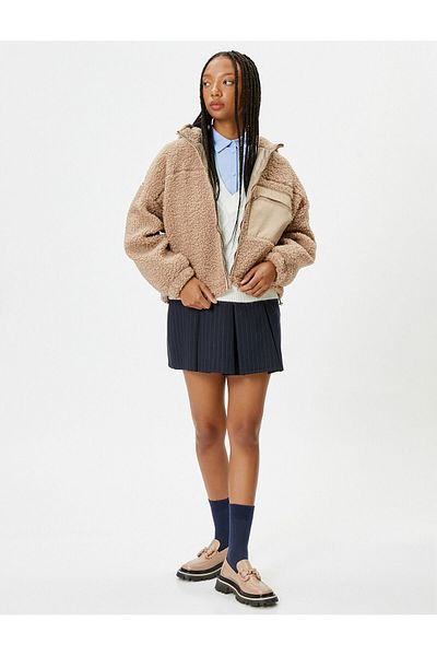 Koton Hooded Plush Jacket with Zipper and Two Different Fabric Pockets