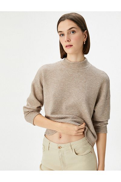 Koton Stand Collar Sweater Textured Off-Shoulder