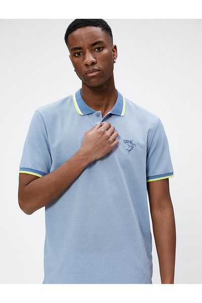 Koton Polo Neck T-Shirt - Shark Patterned, Ribbed Buttoned