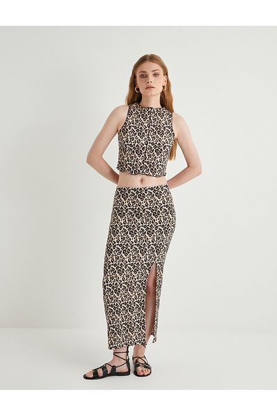 Koton Leopard Patterned Midi Skirt - Slit and Standard Waist Detail