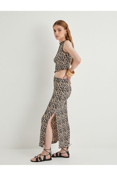Koton Leopard Patterned Midi Skirt - Slit and Standard Waist Detail