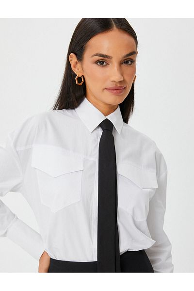 Koton Cotton Long Sleeve Oversize Shirt - Pocket Detailed and Buttoned
